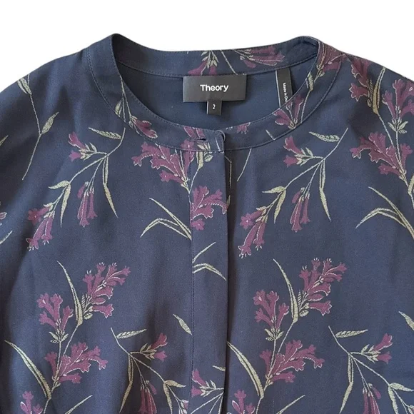 Theory Bellflower Silk Floral Shift Dress Navy Size 2 NWOT - Picture 3 of 8